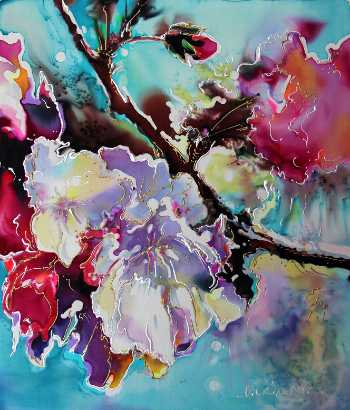 Dye on Silk painting by Natalia CharapovaCherry Blossoms